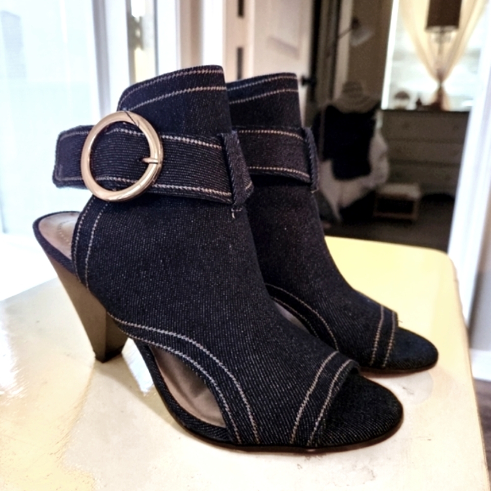 Chic Denim Peep-Toe Ankle Boots with Buckle